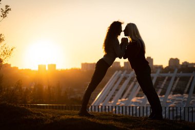 Gün batımında romantik bir kadın ve erkeğin silueti. Duygular, aşk ve tarih kavramı 