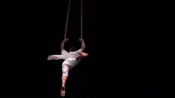 Male Muscular Circus Artist Aerial Straps Doing Strong Tricks Air — Stock Video