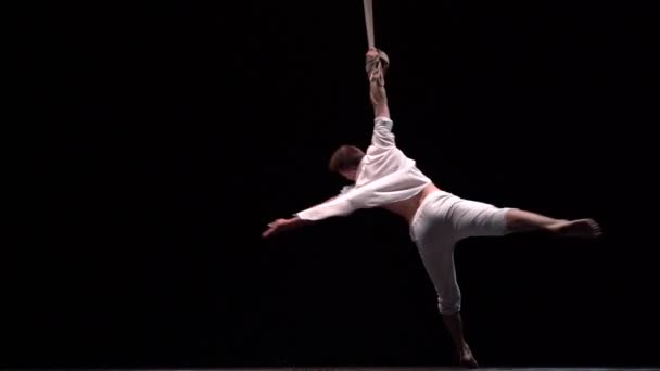 Muscular Circus Artist Perform Aerial Straps Black Background Desire Passion — Vídeos de Stock