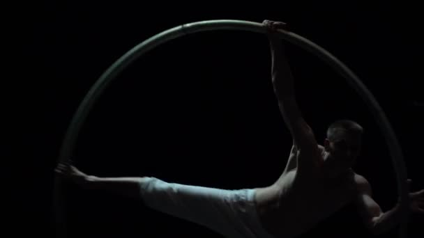 Muscular Circus Artist Perform Cyr Wheel Black Background Stage Concept — Stock videók