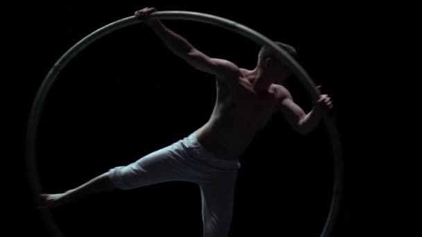 Muscular Circus Artist Perform Cyr Wheel Black Background Stage Slow — Stock videók