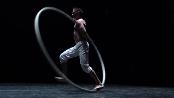 Muscular Circus Artist Perform Cyr Wheel Black Background Concept Originality — Stockvideo