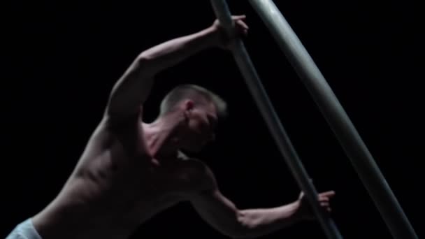 Muscular Circus Artist Perform Cyr Wheel Black Background Concept Individuality — Video