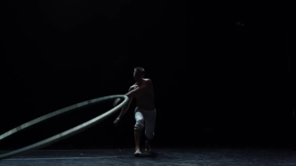 Muscular Circus Artist Perform Cyr Wheel Black Background Concept Desire — Stockvideo