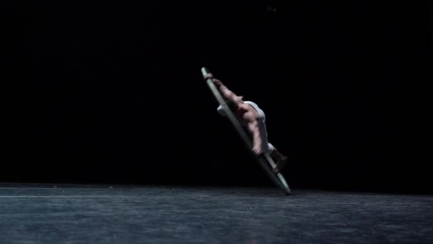 Muscular Circus Artist Perform Cyr Wheel Black Background Stage Slow — Vídeos de Stock