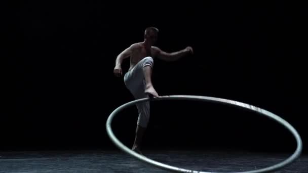 Muscular Circus Artist Perform Cyr Wheel Black Background Concept Willpower — Vídeos de Stock