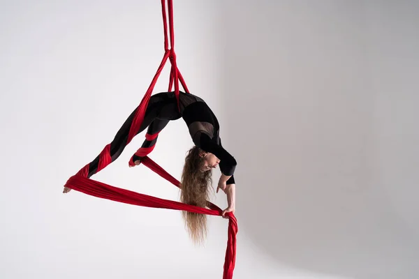 Flexible Woman Performs Aerial Silk White Background Concept Originality Creativity — Foto Stock