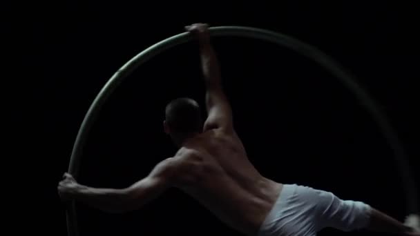 Muscular Circus Artist Perform Cyr Wheel Black Background Concept Individuality — Stock videók