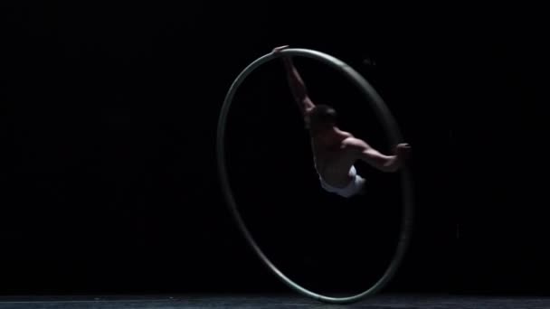 Muscular Circus Artist Perform Cyr Wheel Black Background Stage Slow — 비디오