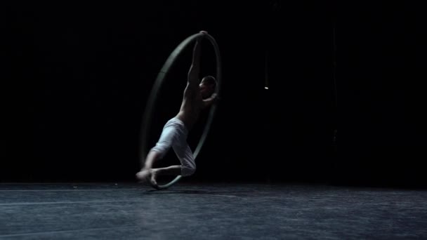 Muscular Circus Artist Perform Cyr Wheel Black Background Concept Individuality — стоковое видео