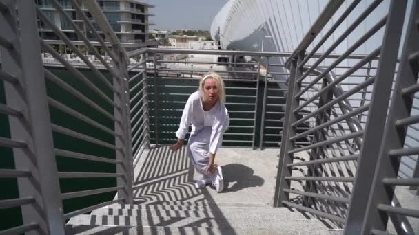 Female Modern Dancer Staircase Bridge River Background Slow Motion Concept — ストック動画