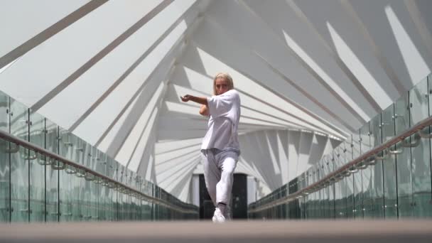 Female Dancer Modern Urban Bridge Caucasian Young Girl White Clothes — 비디오