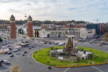 Plaza de Espana Meydanı hava manzarası gün batımında, Barcelona, İspanya. Tatil ve seyahat konsepti. Yüksek kalite fotoğraf