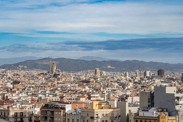Cityscape Barcelona Com Céu Azul Montanhas Fundo Conceito Férias Viagens — Fotografia de Stock