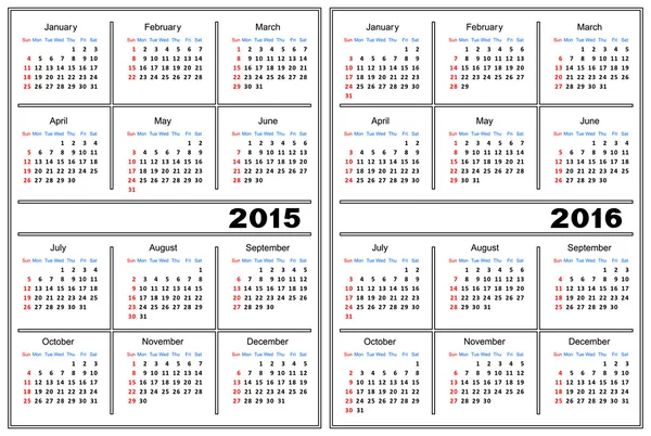 Шаблон календаря. 2015, 2016 — стоковый вектор