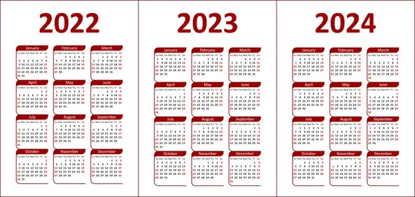 Calendario 2022 2023 2024 Lettere Figure Rosse Nere Sfondo Bianco — Vettoriale Stock