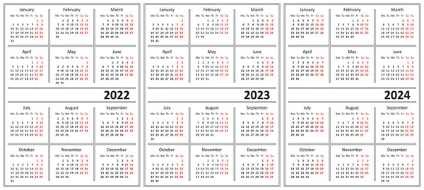 白い色のカレンダーのテンプレート カレンダー2022年 2023年 2024年 週は月曜日から始まる — ストックベクタ