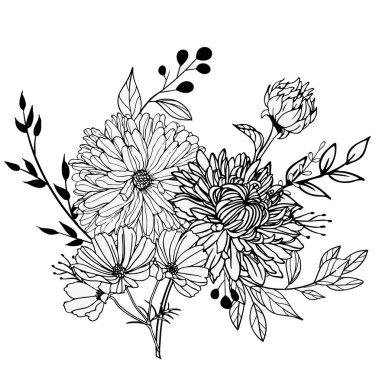 Siyah bir çiçek, dal ve izin. Beyaz arka planda izole edilmiş. El çizimi. Çiçek tasarımı, kozmetik ürünleri, tebrik kartı, davetiyeler, boyama kitabı için. Vektör stok illüstrasyonu.