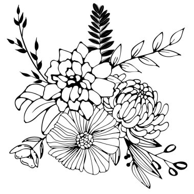 Siyah bir çiçek, dal ve izin. Beyaz arka planda izole edilmiş. El çizimi. Çiçek tasarımı, kozmetik ürünleri, tebrik kartı, davetiyeler, boyama kitabı için. Vektör stok illüstrasyonu.