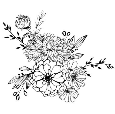 Siyah bir çiçek, dal ve izin. Beyaz arka planda izole edilmiş. El çizimi. Çiçek tasarımı, kozmetik ürünleri, tebrik kartı, davetiyeler, boyama kitabı için. Vektör stok illüstrasyonu.