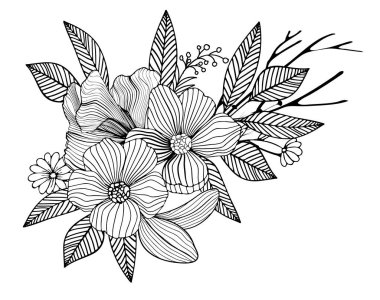 Siyah bir çiçek, dal ve izin. Beyaz arka planda izole edilmiş. El çizimi. Çiçek tasarımı, kozmetik ürünleri, tebrik kartı, davetiyeler, boyama kitabı için. Vektör stok illüstrasyonu.