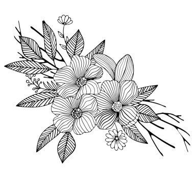 Siyah bir çiçek, dal ve izin. Beyaz arka planda izole edilmiş. El çizimi. Çiçek tasarımı, kozmetik ürünleri, tebrik kartı, davetiyeler, boyama kitabı için. Vektör stok illüstrasyonu.