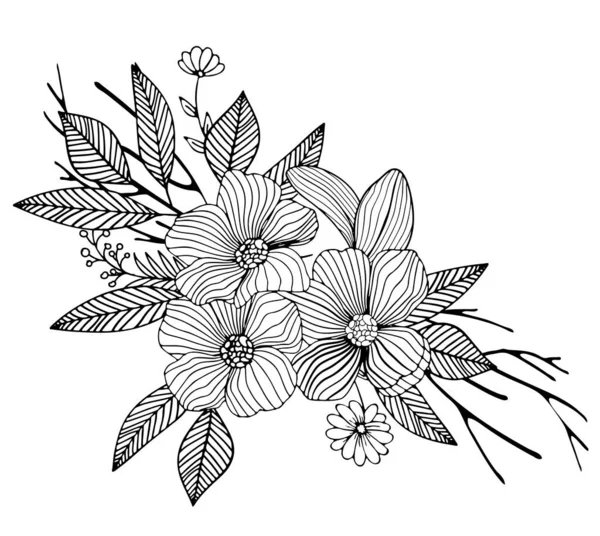 Ein Schwarzer Umriss Blume Zweig Und Blätter Isoliert Auf Weißem — Stockvektor