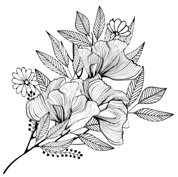 Один Чорний Контур Квітки Гілки Листя Іонізований Білому Тлі Рука — стоковий вектор