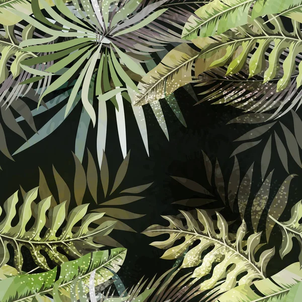有异国风情的树叶和植物丛林中的时髦无缝热带图案 — 图库矢量图片