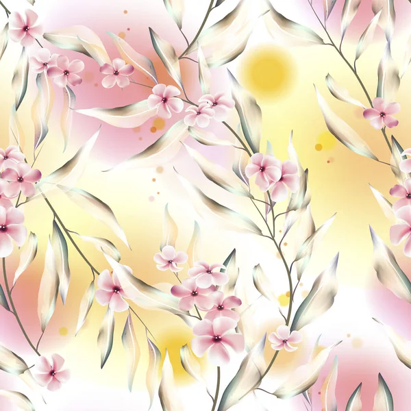 Vector Seamless Pattern Leaves Watercolor Spring Flowers Botanical Background Design — Stock vektor