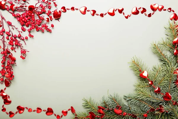 Christmas Concept Green Pine Tree Branches Little Red Hearts Decor — Stock Photo, Image