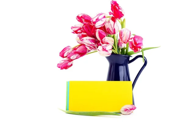 Banch Colorful Pink White Spring Tulip Flowers Blue Vase Yellow — ストック写真