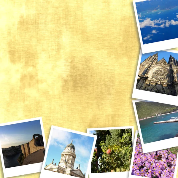 set pastel kumlu zemin üzerine Avrupa'nın farklı yerlere seyahat fotoğrafları