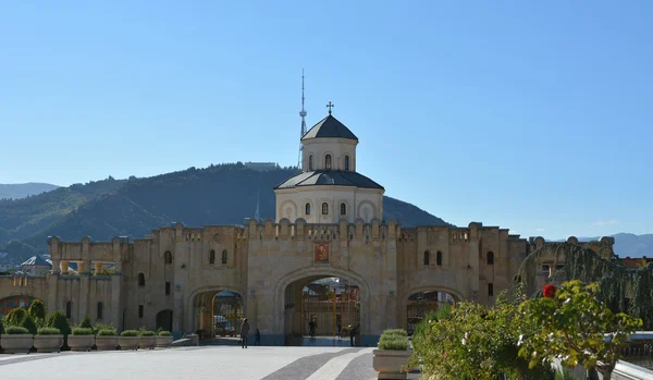 Territorium av tbilisi Heliga trefaldighetskyrkan (tsminda sameba), TV-tornet och pittoreska berg i Kaukasus — Stockfoto