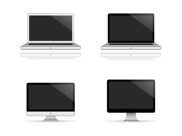 Ordenador portátil y PC de escritorio con pantallas en blanco y negro — Vector de stock