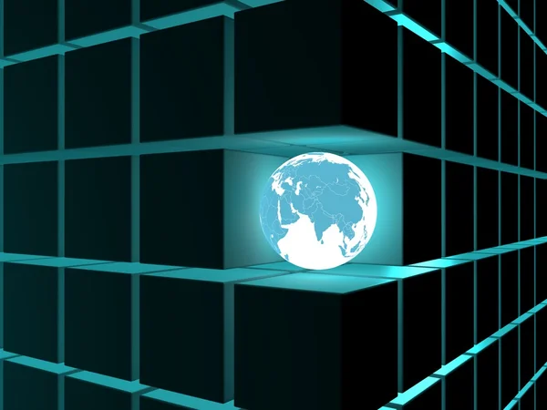 Scatole scure come cubo e globo terrestre in esso — Foto Stock