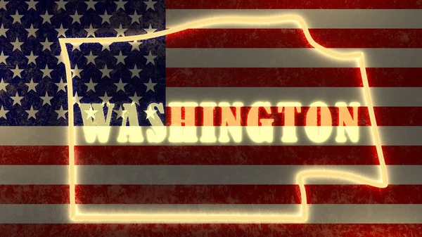 Neon shining outline map of the state on usa national flag backdrop — Stock Photo, Image