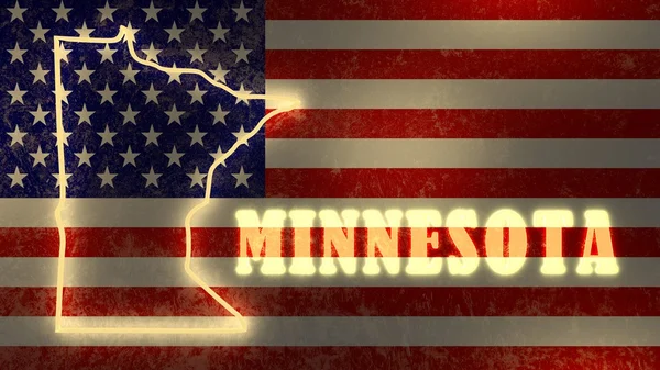 Neon memamerkan peta garis luar negara pada latar belakang bendera nasional Amerika Serikat — Stok Foto