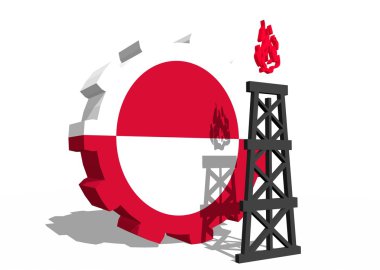 dişli ve 3d gaz sondaj platformu modeli yakınındaki Grönland Ulusal bayrak