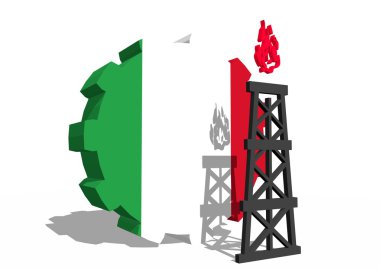 dişli ve 3d gaz sondaj platformu modeli yakınındaki İtalya ulusal bayrak