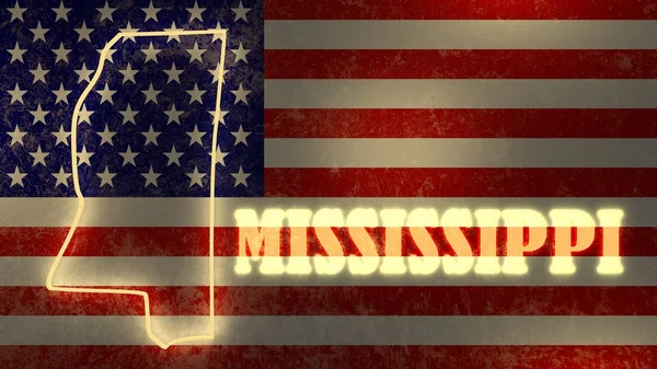 Neon splendente mappa dello stato sullo sfondo bandiera nazionale degli Stati Uniti — Foto Stock