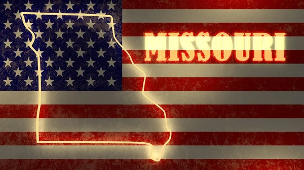 Neon brilhando mapa esboço do estado em pano de fundo bandeira nacional dos EUA — Fotografia de Stock