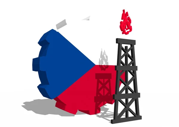 捷克国旗上的齿轮和附近的 3d 气体钻井平台模型 — 图库照片