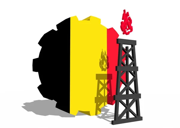 Belgio bandiera nazionale su ingranaggi e 3d gas rig modello vicino — Foto Stock