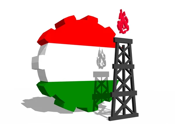 Magyar nemzeti zászló, a felszerelés és a 3D-s gáz rig modell közelében — Stock Fotó