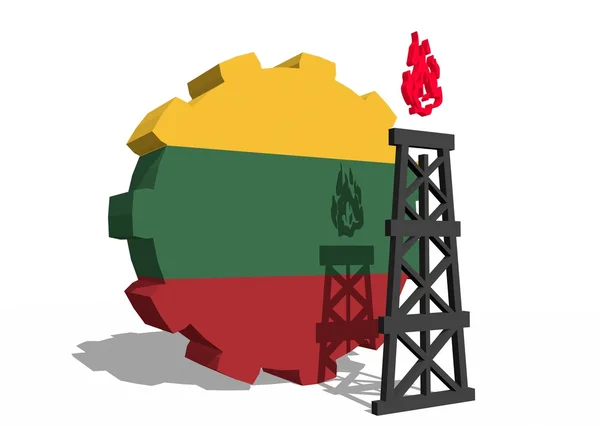 Lithuania national flag on gear and 3d gas rig model near — Stock Photo, Image