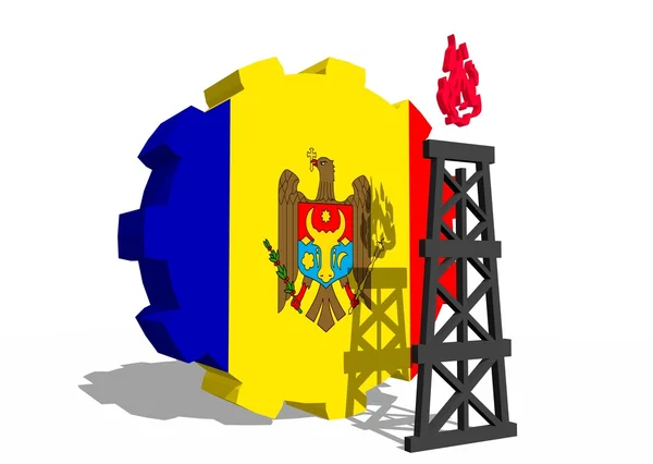 Moldova national flag on gear and 3d gas rig model near — Stock Photo, Image