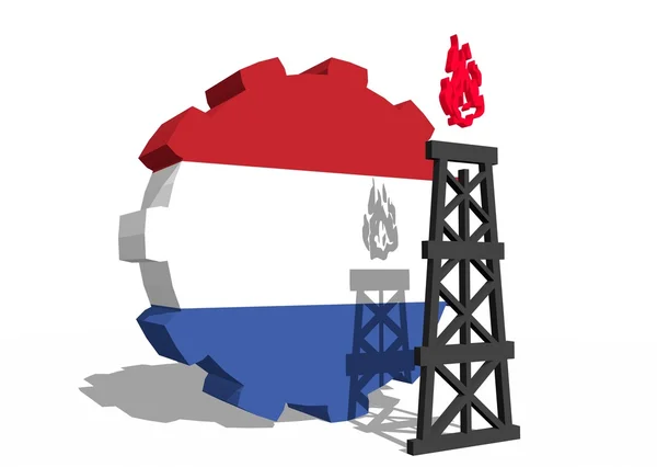 Netherlands national flag on gear and 3d gas rig model near — Stock Photo, Image