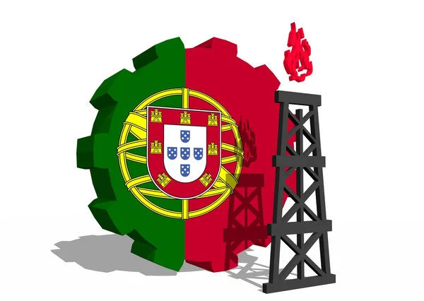 Portugal national flag on gear and 3d gas rig model near — Stock Photo, Image