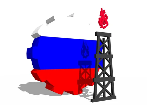 Russia national flag on gear and 3d gas rig model near — Stock Photo, Image